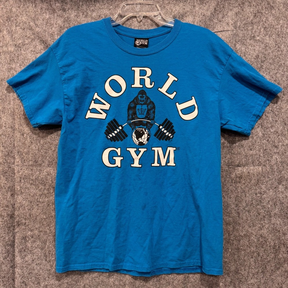 World Gym Vintage 90s T Shirt Made In USA Mens Large Blue Gorilla Double Sided
